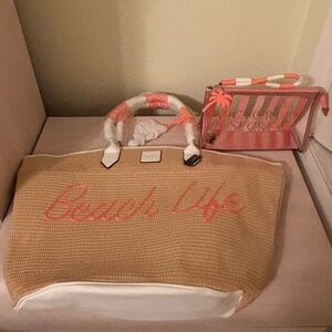 New Victorias Secret Straw Beach Tote w/ Rope Handles, & Palm Tree & Wristlet